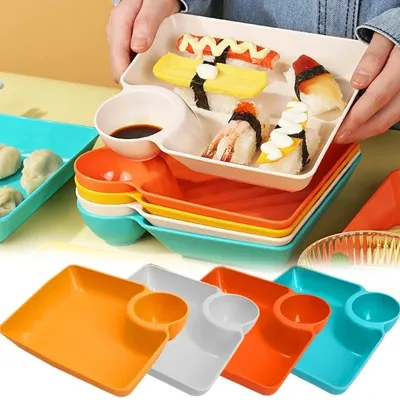 Square Dumpling Plates With Catchup Holder (4 Pcs)